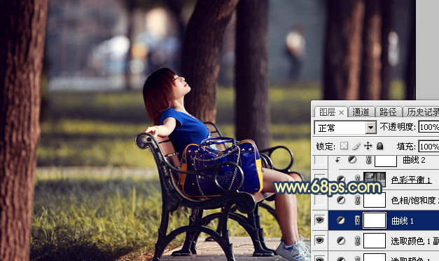 Photoshop为公园长椅上的美女调制出唯美的晨曦暖色