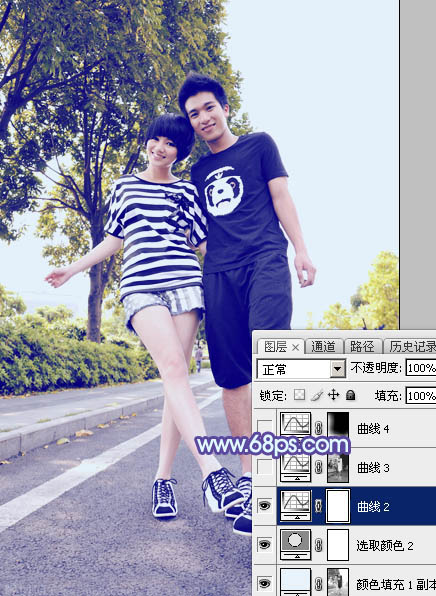 Photoshop为街道情侣图片增加梦幻的蓝色调