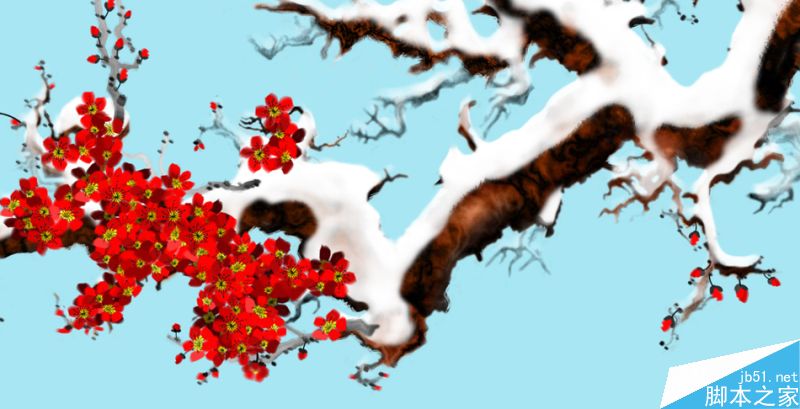 PS自带笔刷及滤镜绘制漫天大雪下的中国风梅花图