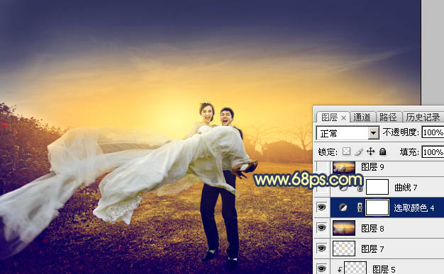 Photoshop调出大气的晨曦暖色外景婚片