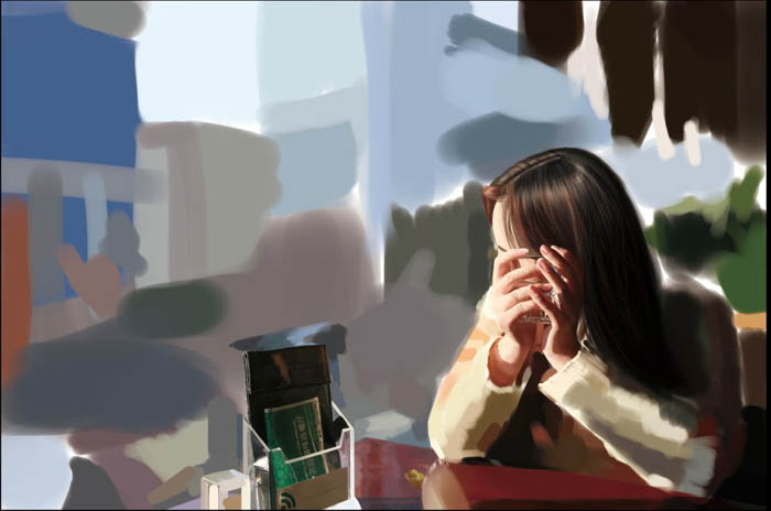 PS鼠绘在茶餐厅静静等待的美女