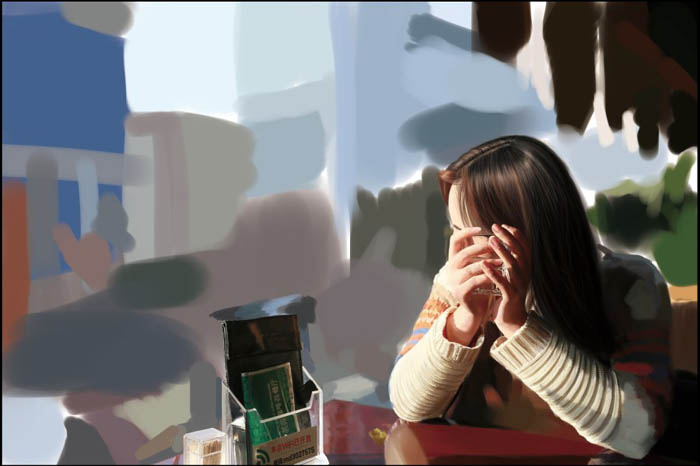 PS鼠绘在茶餐厅静静等待的美女