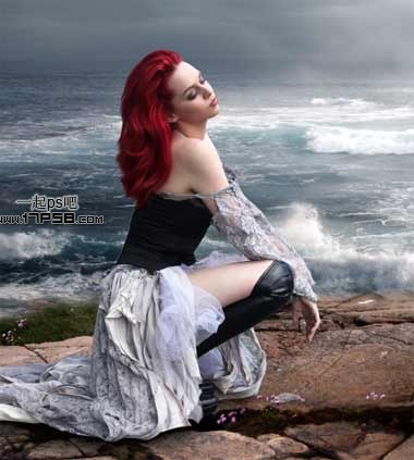 photoshop合成制作出绝望的美女蹲坐在海边的场景