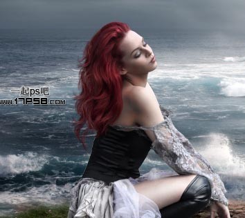 photoshop合成制作出绝望的美女蹲坐在海边的场景