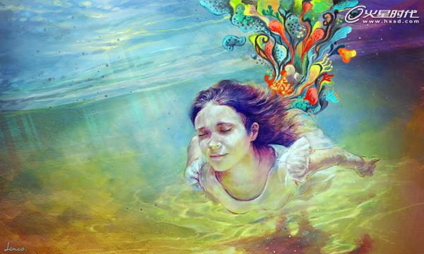 PS鼠绘水彩风格海底游泳的女孩插画