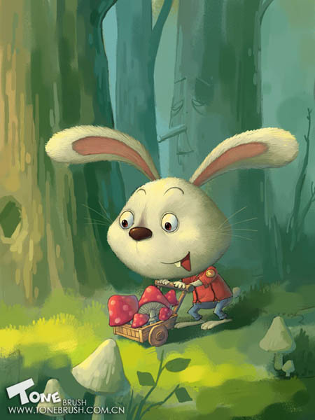 photoshop 鼠绘卡通在森林里采蘑菇的小兔子