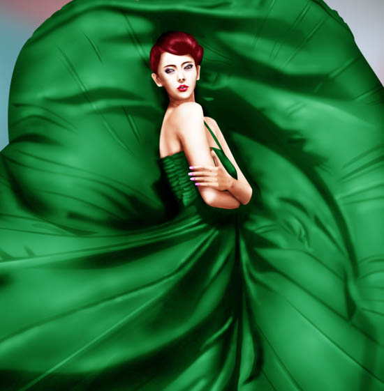 photoshop 鼠绘身着飘逸绿裙的美女
