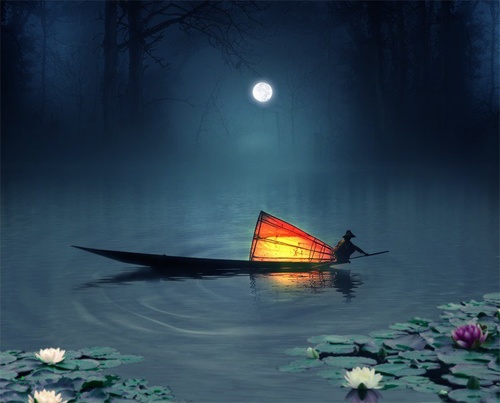 Photoshop合成唯美朦胧月夜渔舟轻荡场景