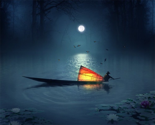 Photoshop合成唯美朦胧月夜渔舟轻荡场景