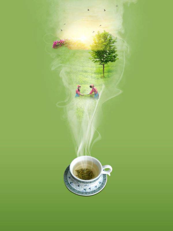 Photoshop创意合成热气中两位小姐姐采茶海报图片