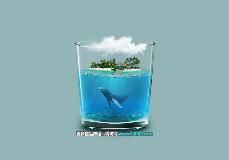 Photoshop创意合成水杯中的小岛海豚图片教程