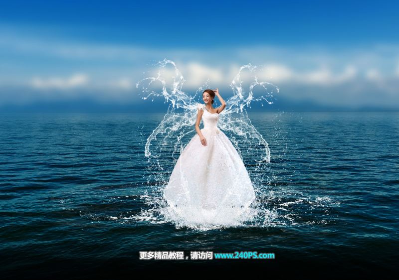 Photoshop创意合成站在海水上穿着白色婚纱的美女图片教程