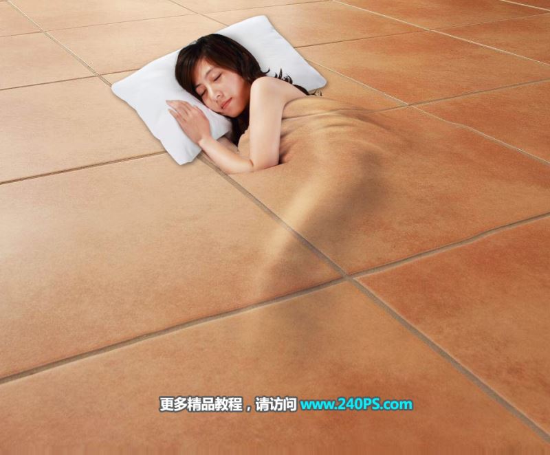 Photoshop怎样合成美女盖着棕色的地板被子睡在瓷砖地板上的效果?