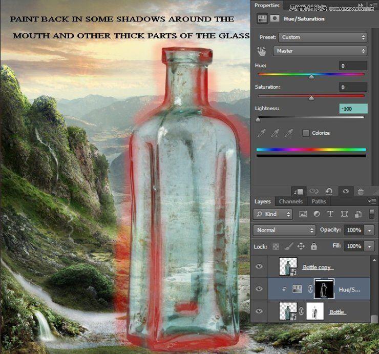 Photoshop创意合成山谷中爬满藤蔓的星空瓶子教程