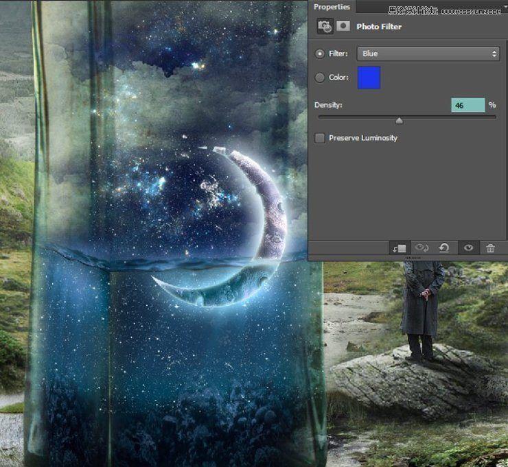 Photoshop创意合成山谷中爬满藤蔓的星空瓶子教程