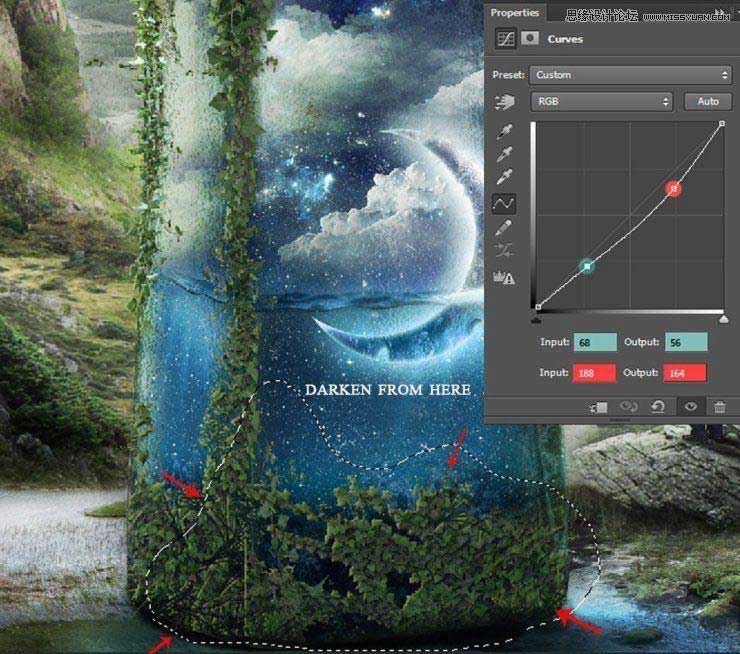Photoshop创意合成山谷中爬满藤蔓的星空瓶子教程