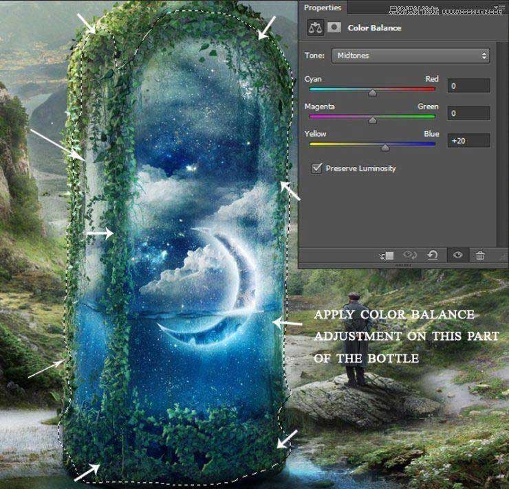Photoshop创意合成山谷中爬满藤蔓的星空瓶子教程