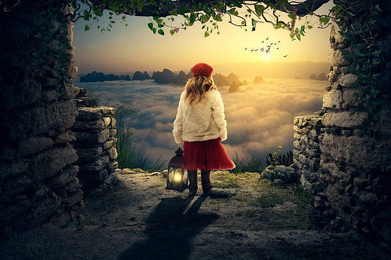 Photoshop创意合成废墟中迷路的小女孩眺望日出的图片教程
