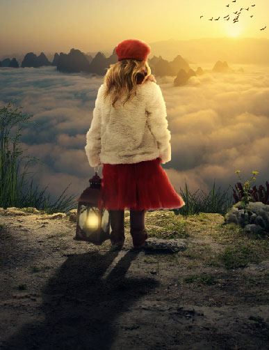 ps创意合成废墟中迷路的小女孩眺望日出的图片教程