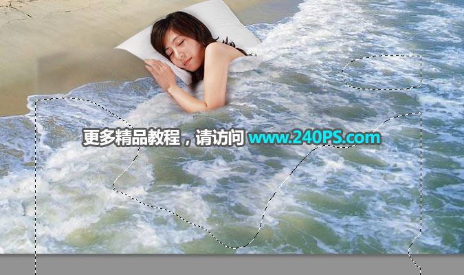 ps怎样合成美女盖着海里浪花的被子睡在海滩上的效果?