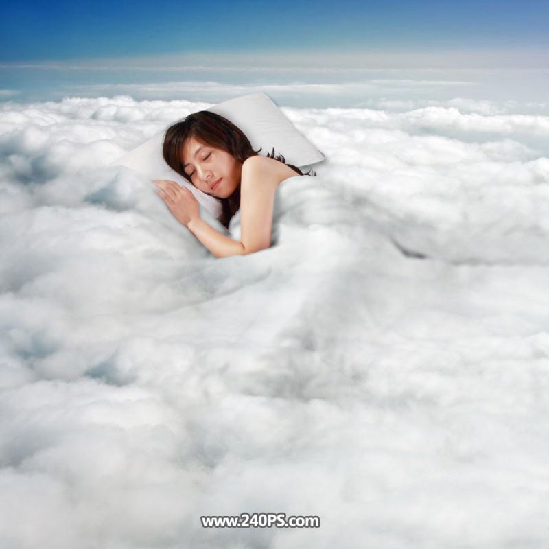 Photoshop怎样合成美女盖着雪白的云层被子睡在云上的效果?