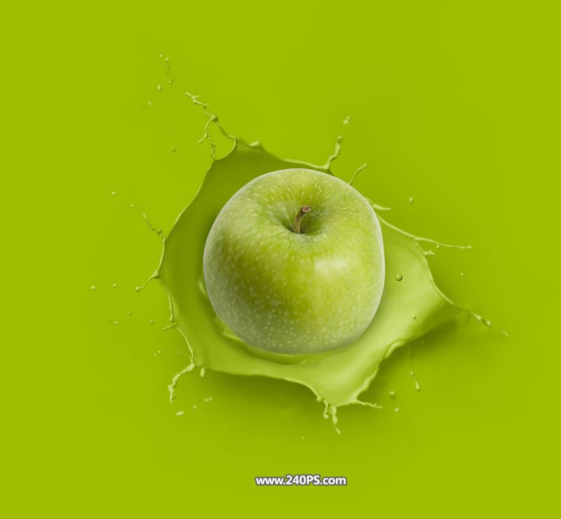 Photoshop创意合成青苹果掉入绿色液体中喷溅效果的图片教程
