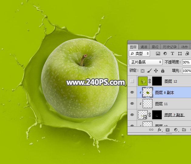 ps创意合成青苹果掉入绿色液体中喷溅效果的图片教程