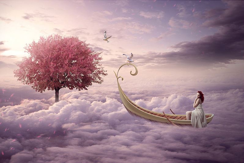 Photoshop创意合成在云上乘舟游玩的天使图片