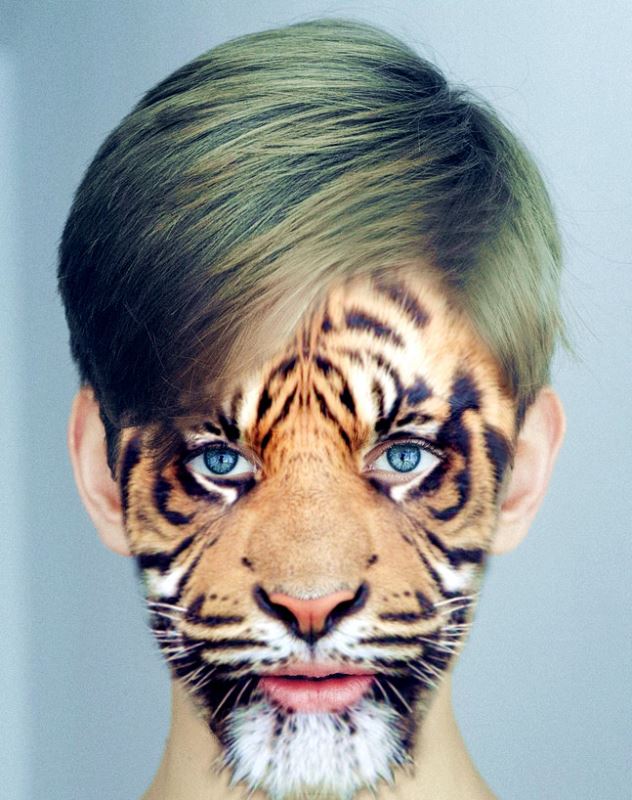 Photoshop创意合成给人物带上虎头面具的效果