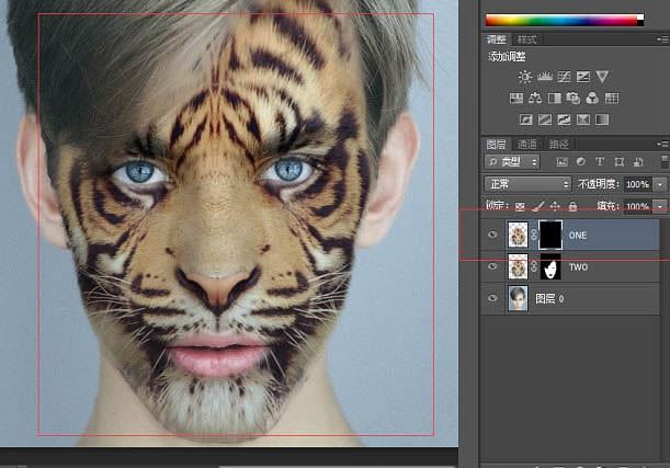 ps创意合成给人物带上虎头面具的效果