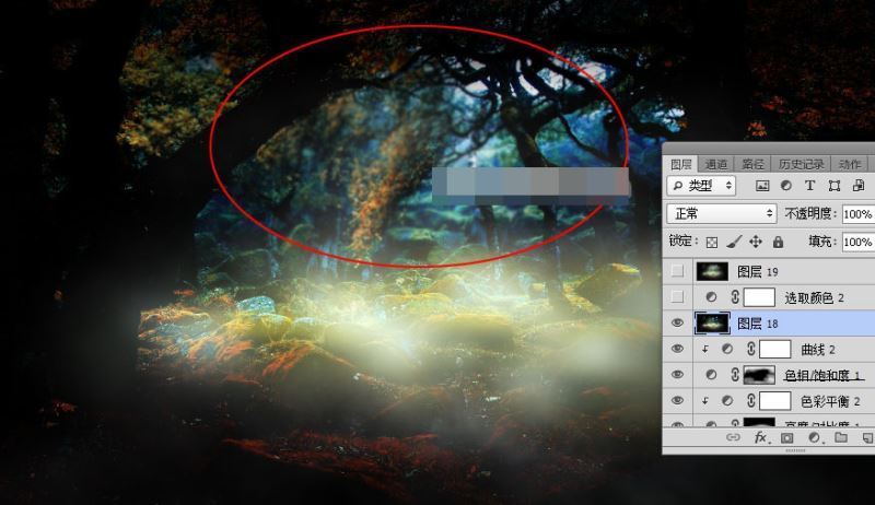 photoshop合成一张白衣天使在森林深处的梦幻效果图