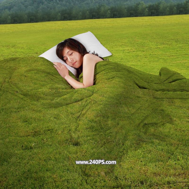ps怎样合成美女盖着碧绿色的大自然被子睡在草地上的效果?