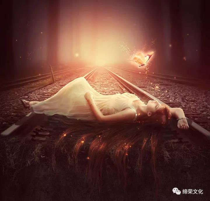 Photoshop怎样合成一张熟睡在铁轨上穿着婚纱的长发美女图片?