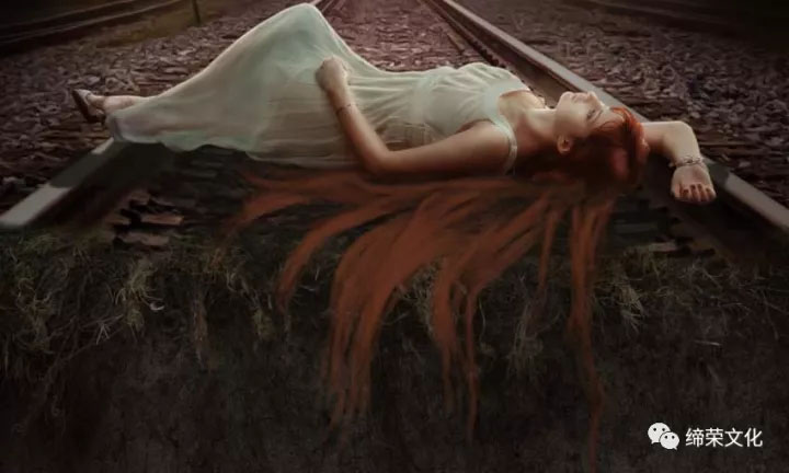 ps怎样合成一张熟睡在铁轨上穿着婚纱的长发美女图片?