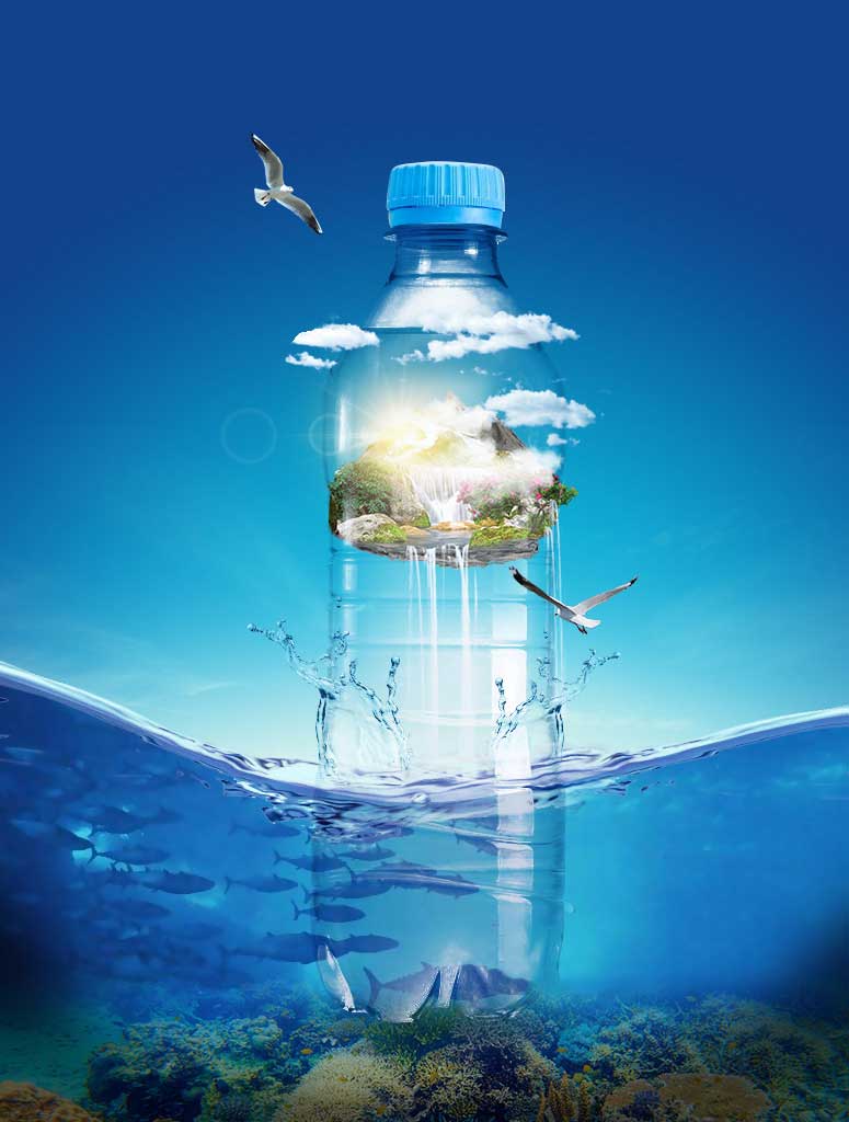 Photoshop创意合成透明矿泉水瓶中的夏季海岛场景图教程