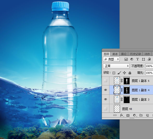PS创意合成透明矿泉水瓶中的夏季海岛场景图教程