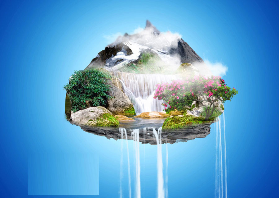 Photoshop创意合成悬浮在天空中的海岛奇幻景观效果图教程