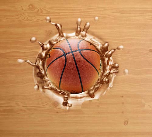 Photoshop怎么合成冲出木板带出水花的篮球?