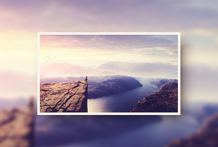 Photoshop合成一个女人坐在悬崖边看日出的场景海报