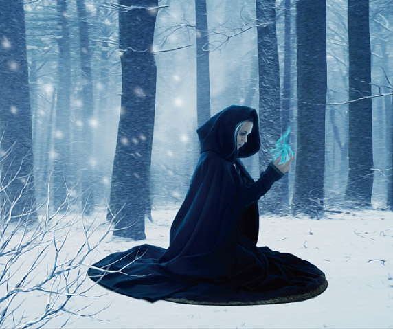 Photoshop合成冬季跪坐在树林雪中的魔法师