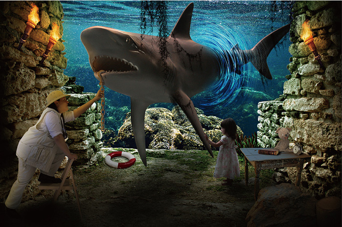 Photoshop合成从水池中钻出的大鲨鱼