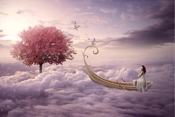 Photoshop合成制作出在云海中的泛舟的美女梦幻场景