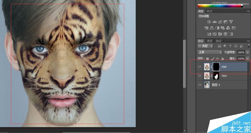 Photoshop将老虎头像和人脸完美融合在一起的效果图
