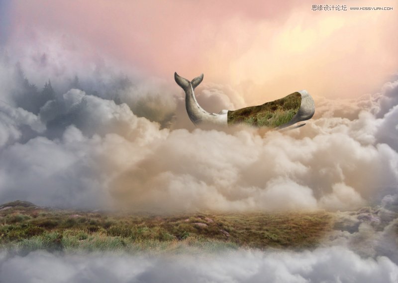Photoshop合成在鲸鱼背着城堡在云端飞翔的场景