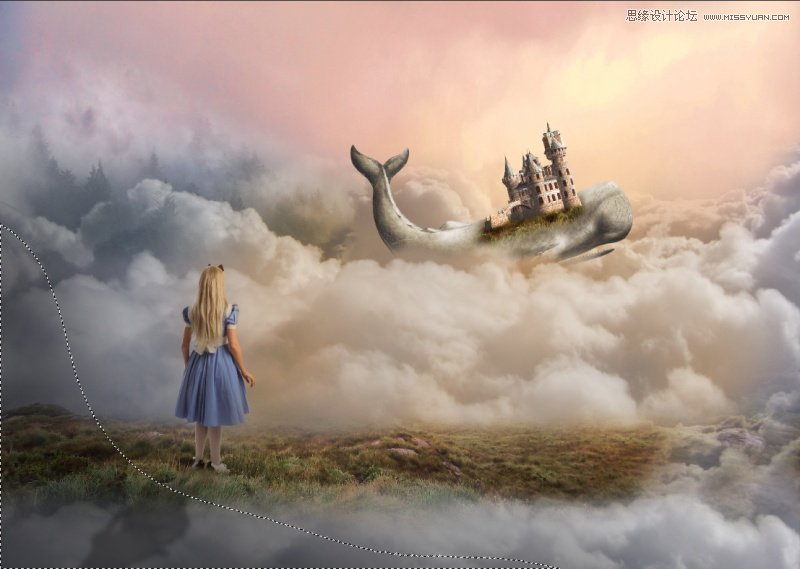 Photoshop合成在鲸鱼背着城堡在云端飞翔的场景