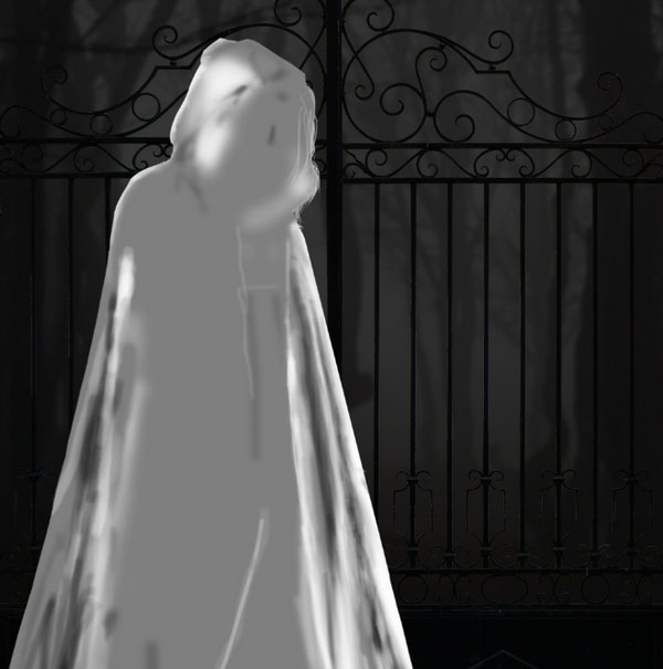PS合成幽灵站在铁门旁的恐怖场景