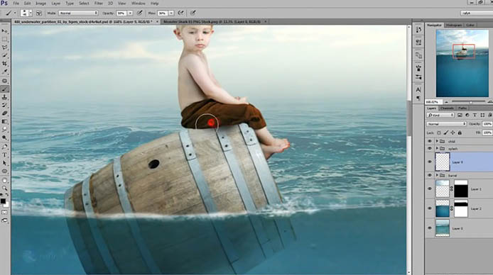 PS合成乘木桶在海上漂泊的小孩场景教程