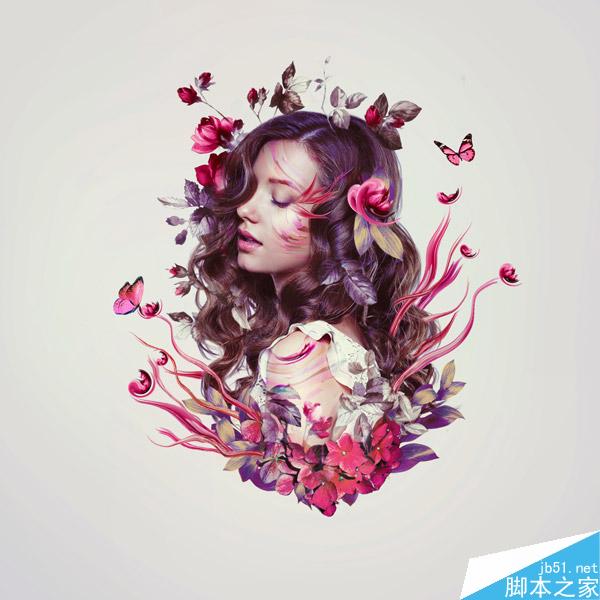Photoshop合成树枝和花朵包围的女人花香肖像