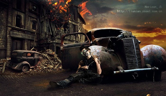Photoshop合成战争中城市废墟片场景
