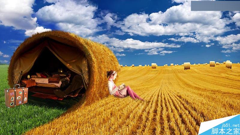 Photoshop创意合成靠在金灿灿的麦堆旁看书的小女孩